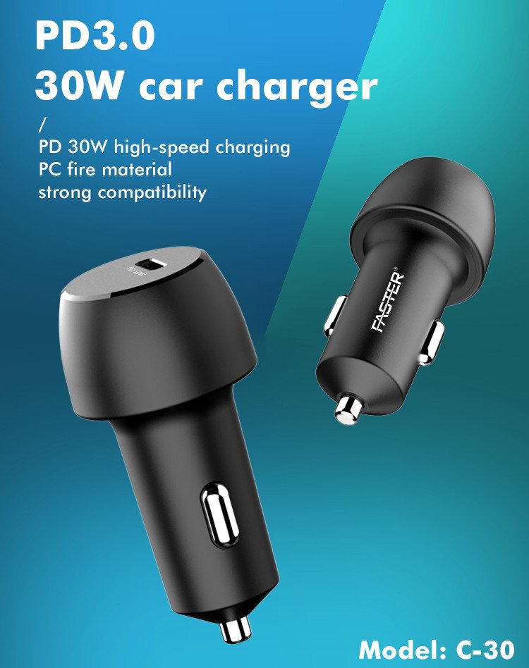 FASTER C30 PD30W Fast Car Charger PD2.0,PD3.0 & PPS QC 4.0A Supported